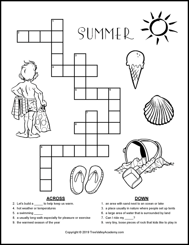Summer Crossword Puzzles For Kids - Tree Valley Academy