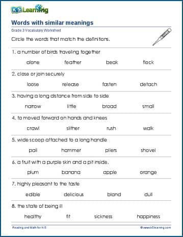 Words and their meanings for grade 3 | Worsheets library