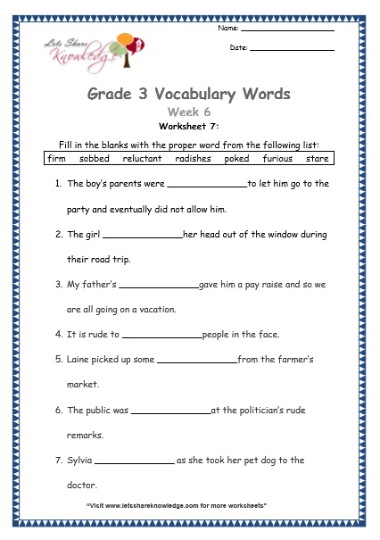 3rd grade vocabulary worksheet pdf