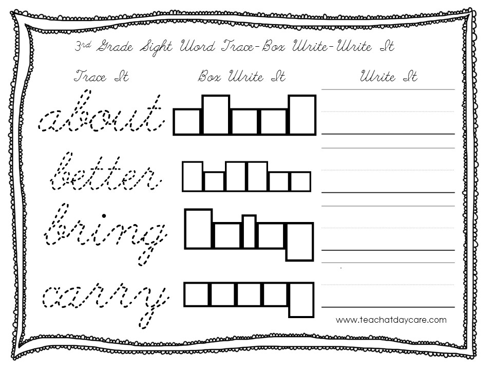 Dolch 3rd Grade Cursive Box Writing Word Worksheet