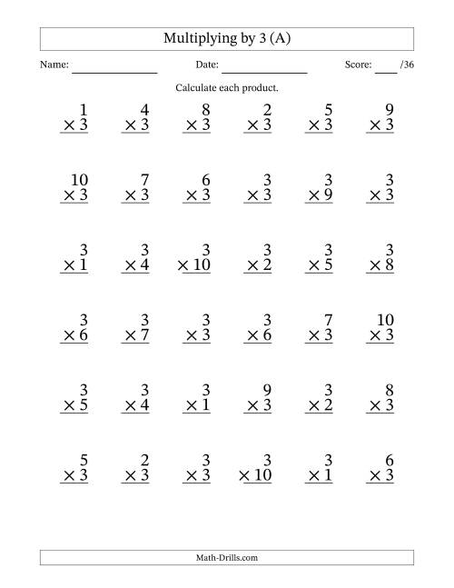 Multiplying (1 to 10) by 3 (36 Questions) (A)