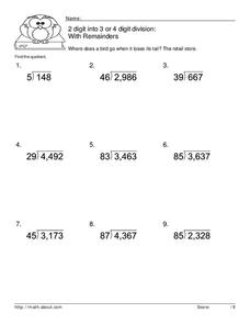 2 Digit into 3 or 4 Digit Division Worksheet for 3rd - 4th Grade ...
