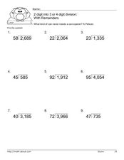 2 Division into 3 or 4 Digit Division Worksheet for 3rd - 4th ...