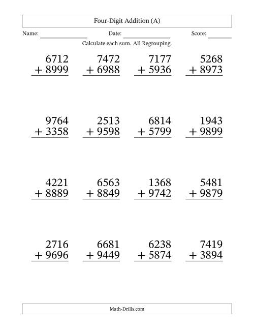 Four-Digit Addition With All Regrouping - 16 Questions - Large ...
