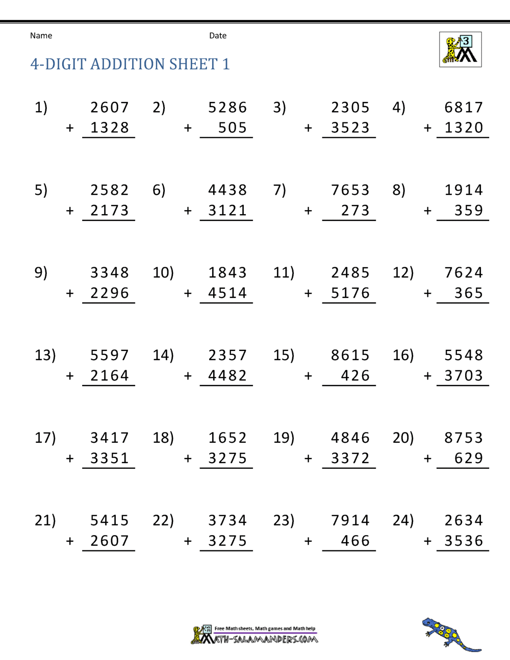 4 digit addition worksheet free