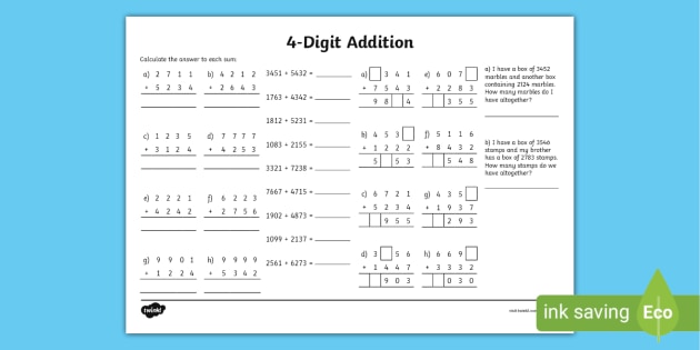 4 digit addition worksheet free