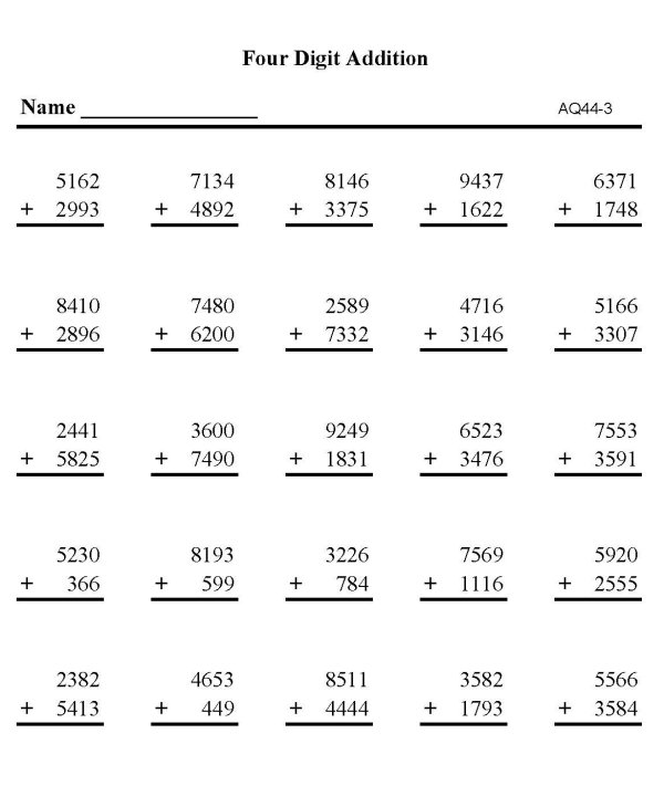 4 digit addition worksheet free