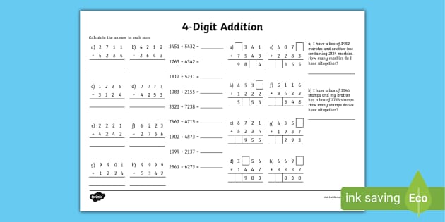 4-Digit Addition pdf | Maths | Primary Resources - Twinkl