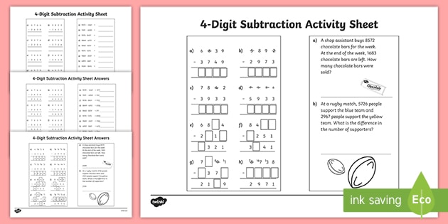 4-Digit Number Subtraction Worksheet (teacher made) - Twinkl