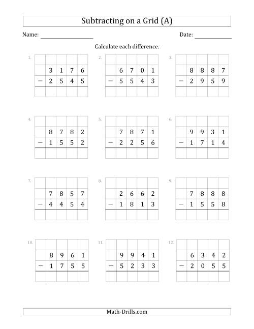 Subtracting 4-Digit Numbers from 4-Digit Numbers With Grid Support (A)