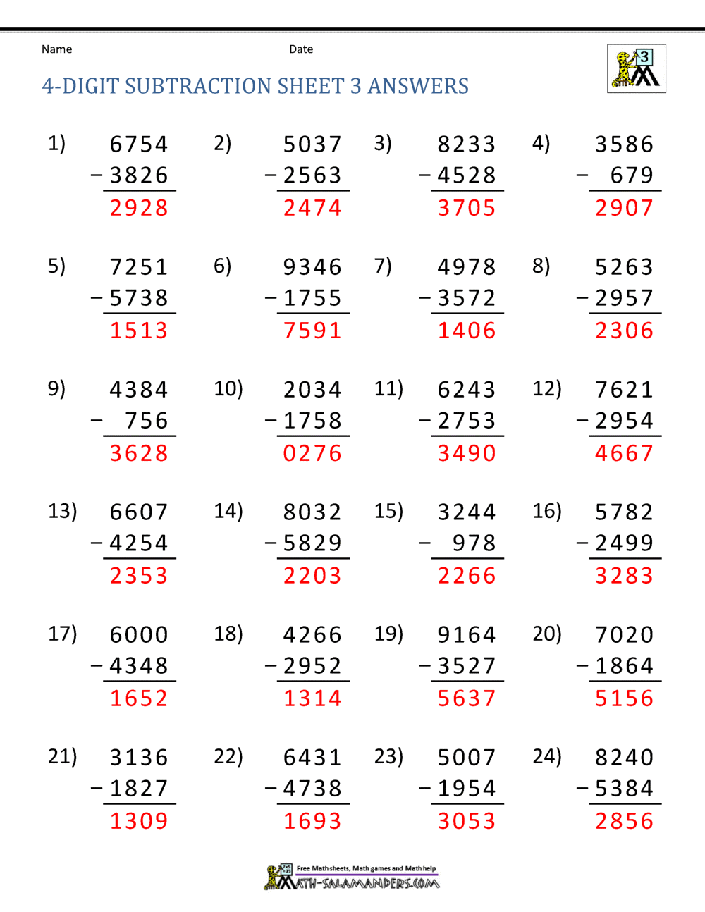 4 Digit Subtraction Worksheets