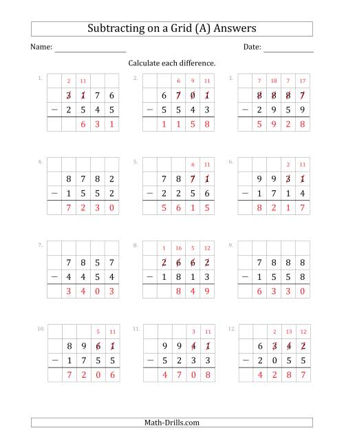 Subtracting 4-Digit Numbers from 4-Digit Numbers With Grid Support (A)
