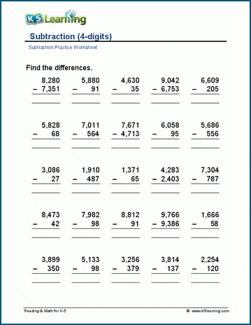 Subtract up to 4-digits worksheets | Worsheets library