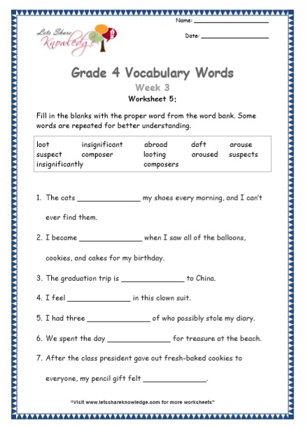 Grade 4: Vocabulary Worksheets Week 3 - Lets Share Knowledge