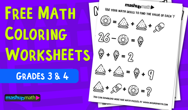 Free Math Coloring Worksheets for 3rd and 4th Grade — Mashup Math