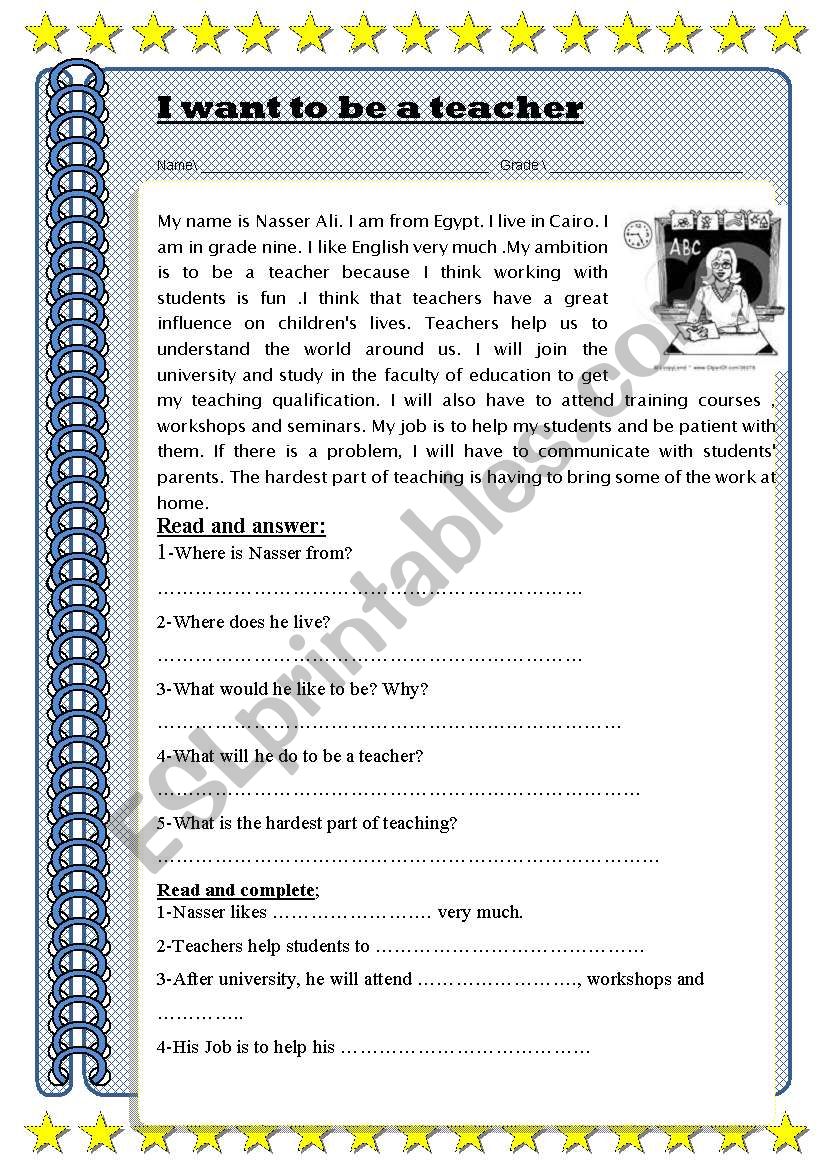 I want to be a teacher - ESL worksheet by Alfiky