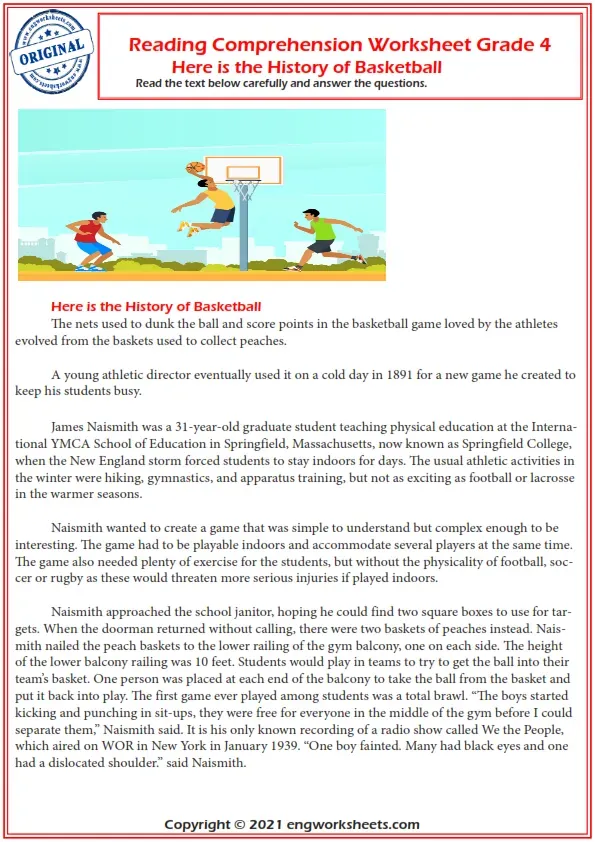 Reading Comprehension Worksheets - Basketball History Reading ...