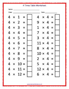 4 Times Tables Worksheet | Star Worksheets