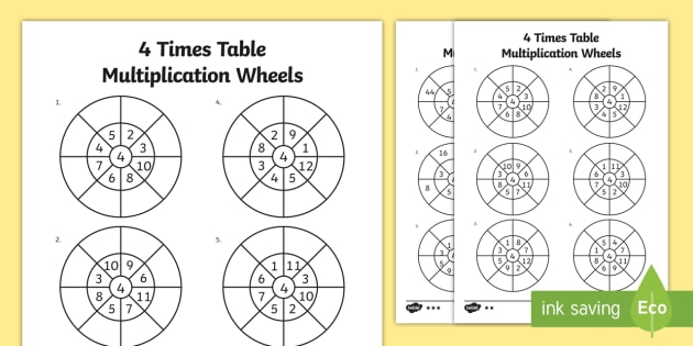 4 Times Table Multiplication Wheels Worksheet / Worksheet Pack