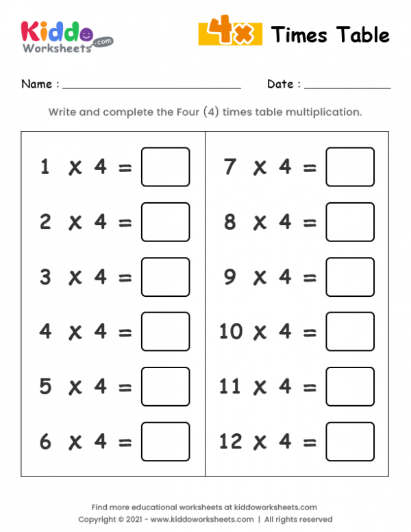 Free Printable 4 Times Table Worksheet Worksheet - kiddoworksheets
