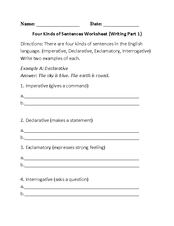 4 types of sentences worksheet