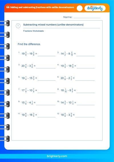 4th grade adding subtracting unlike denominators worksheet