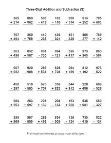 Three-Digit Addition and Subtraction (S) Worksheet for 2nd - 4th ...
