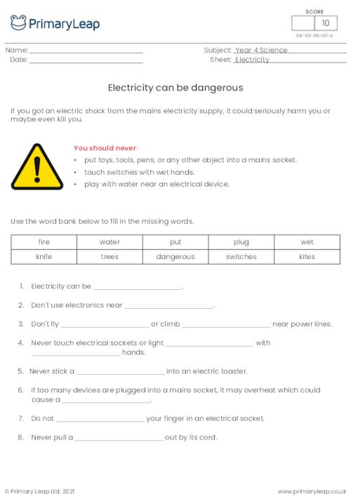Science: Electrical safety | Worksheet | PrimaryLeap.co.uk
