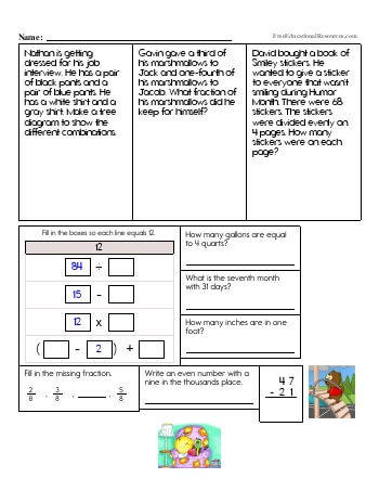 4th grade fraction review worksheet