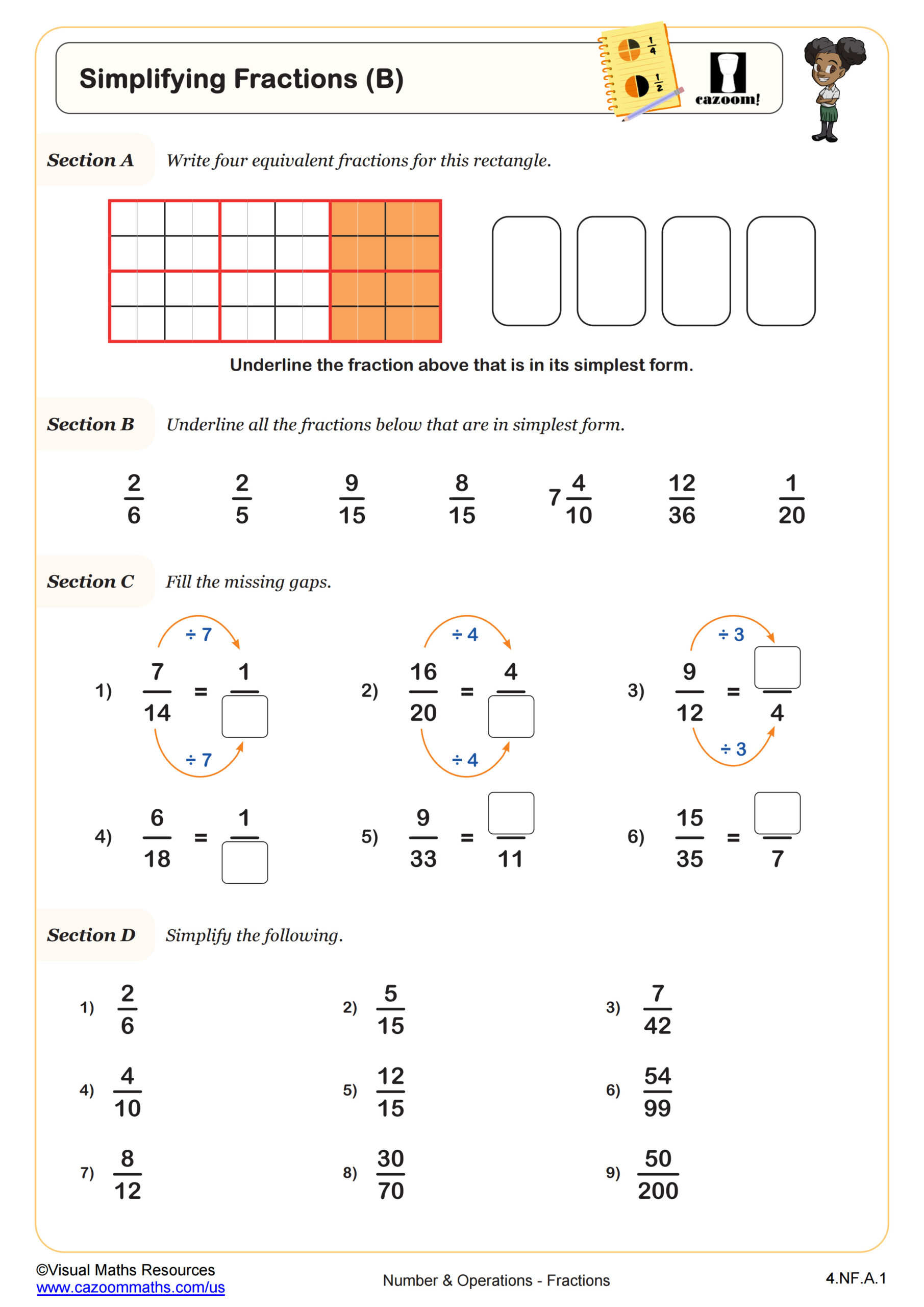 Simplifying Fractions (B) Worksheet | Fun and Engaging 4th Grade ...