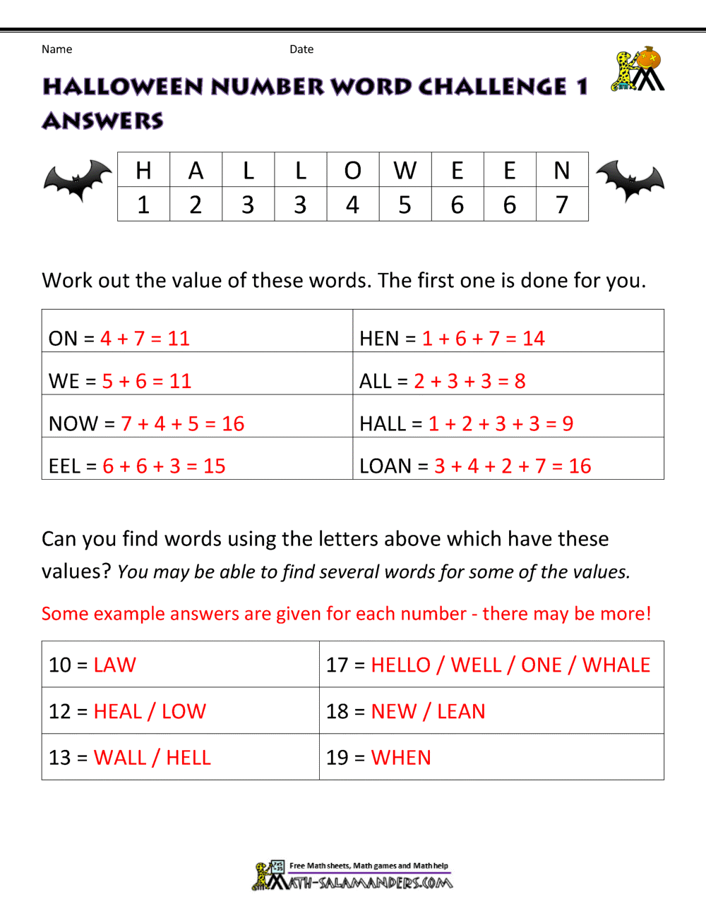 Free Halloween Math Worksheets