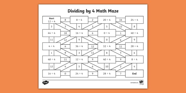 Dividing by 4 Math Maze Activity for 3rd-5th Grade 