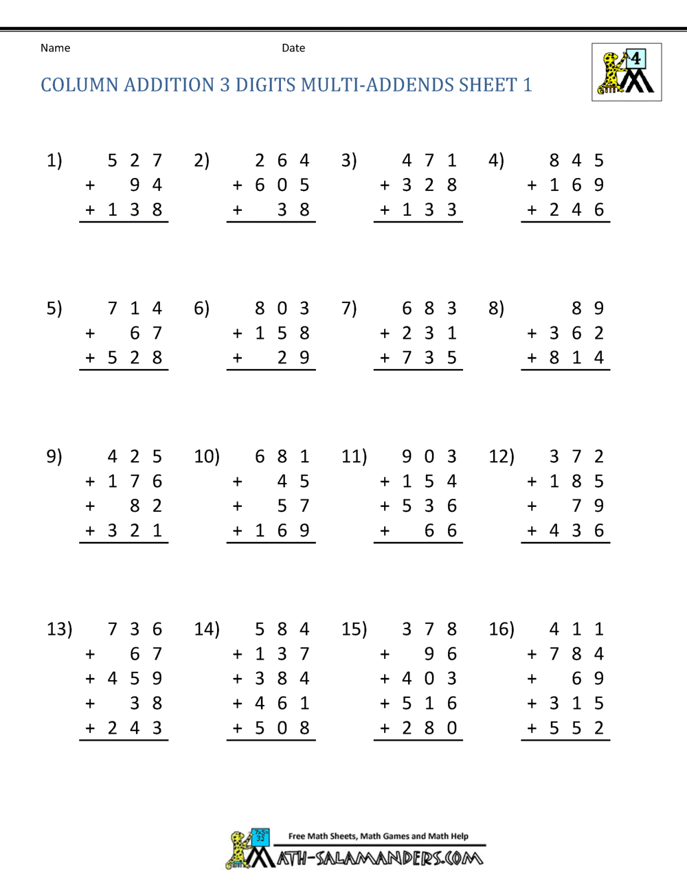 4th grade math addition worksheet