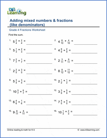 Adding mixed numbers &  fractions | Worsheets library