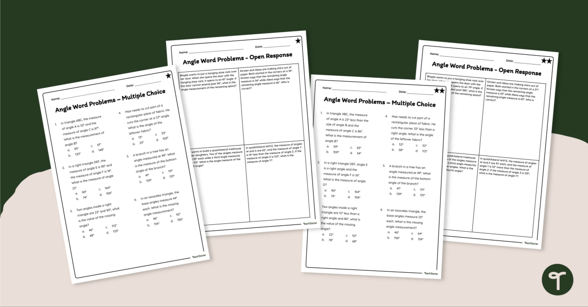 Angle Word Problems - 4th Grade Math Worksheet | Teach Starter