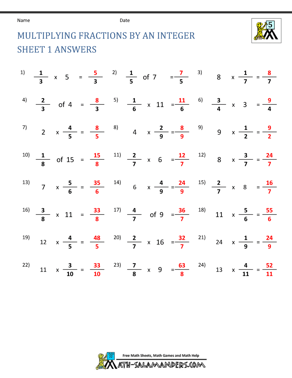 Multiplying Fractions Worksheet