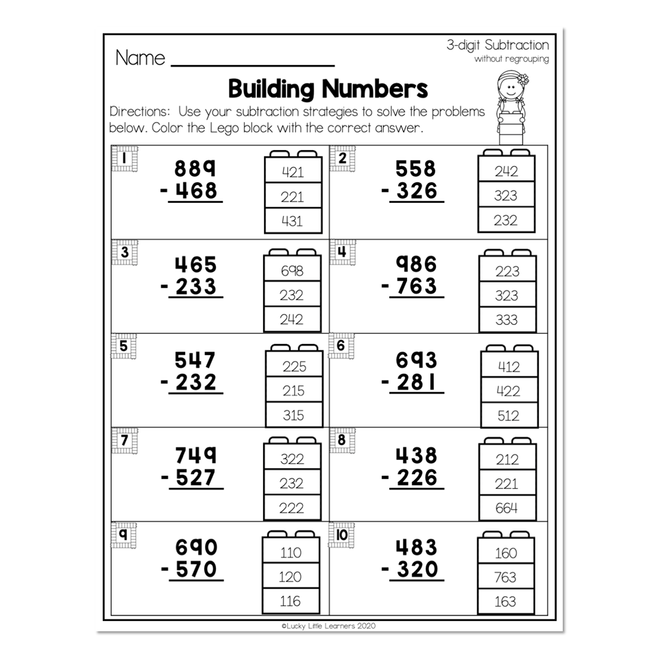 2nd Grade Math Worksheets - 3-Digit Subtraction Without Regrouping -  Building Numbers