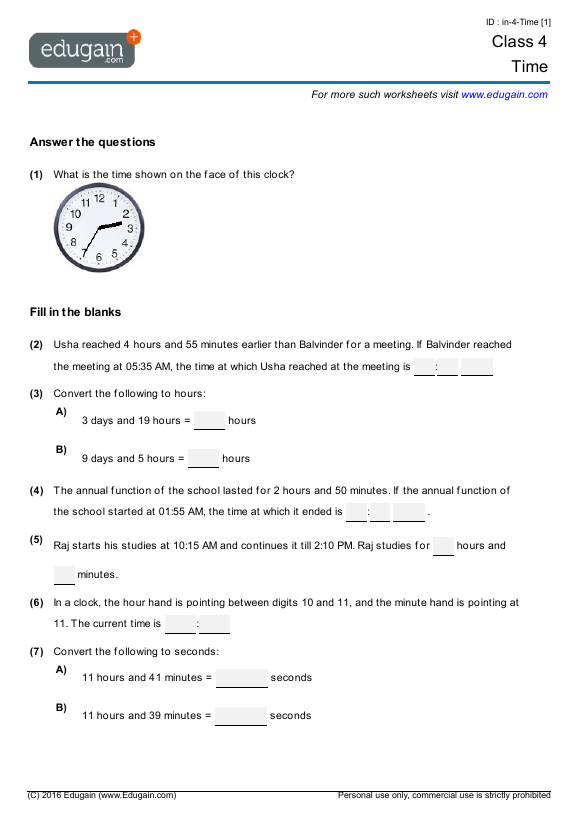 Class 4 Math Worksheets and Problems: Time | Edugain India