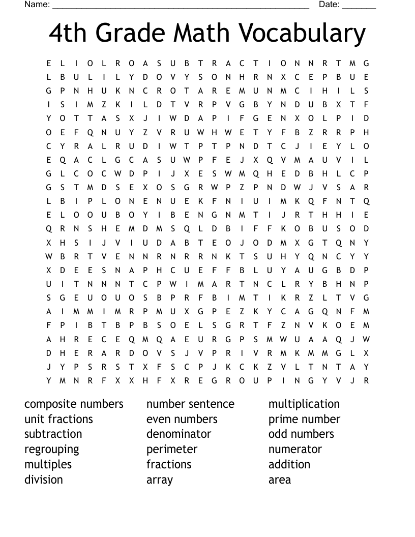 4th Grade Math Vocabulary Word Search - WordMint