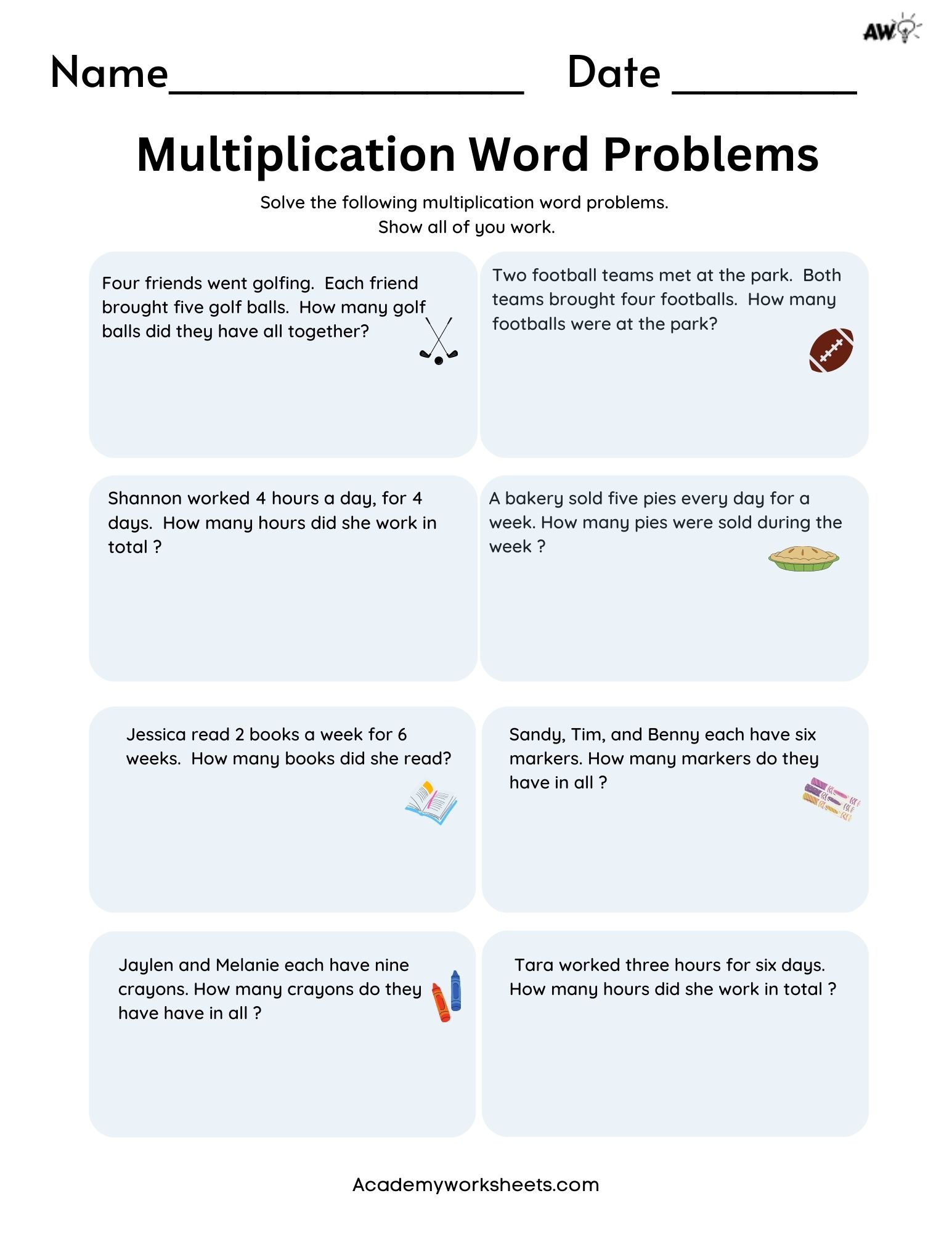 Multiplication Word Problems PDF - Single Digit - Academy Worksheets