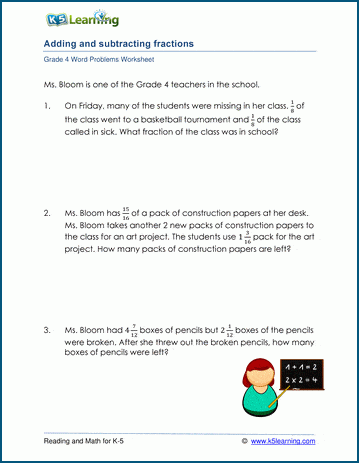 4th grade maths word problems worksheet