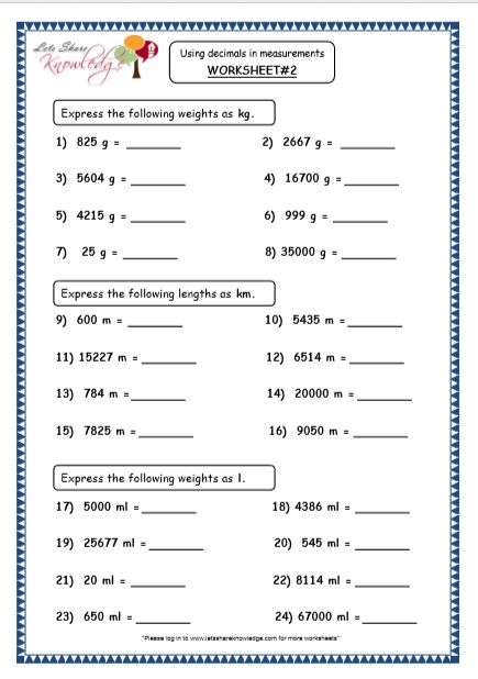 4th grade measurement worksheet