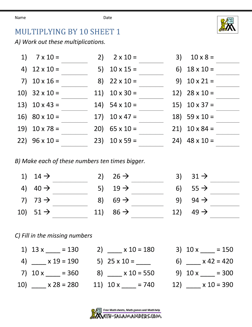 4th grade multiplication worksheet 1 12