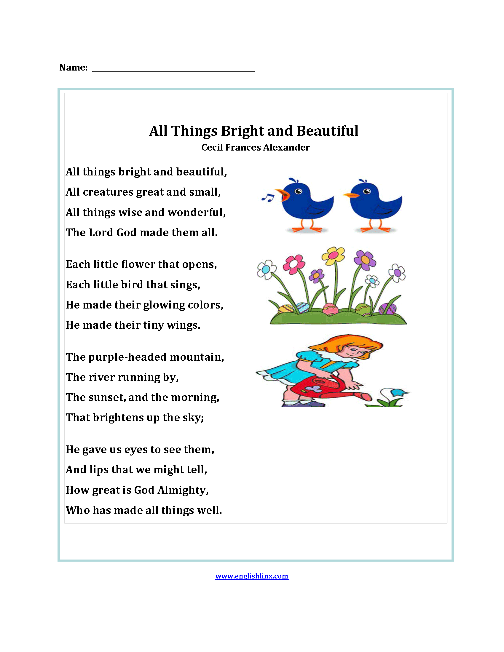 4th grade poetry comprehension worksheet