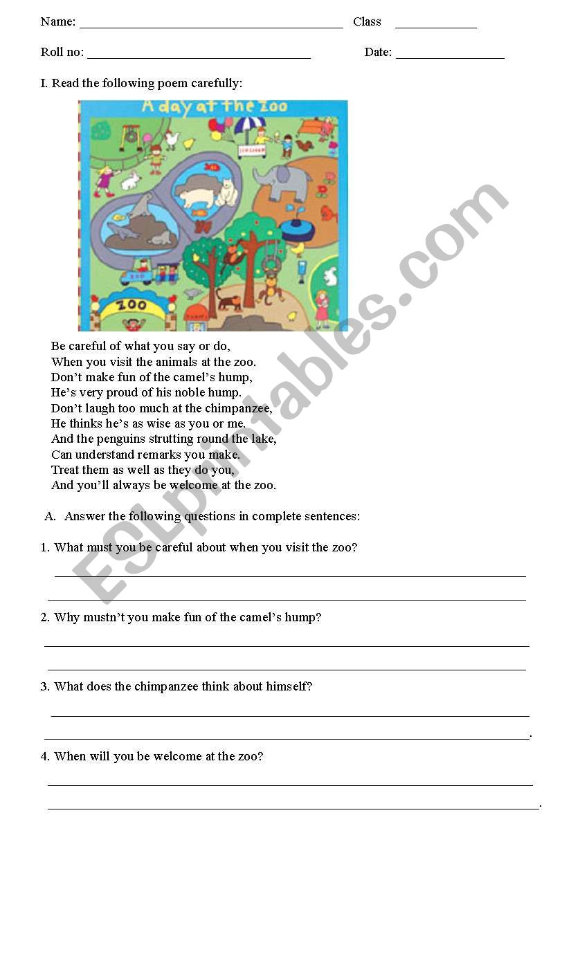4th grade poetry comprehension worksheet