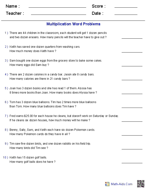 Word Problems Worksheets | Dynamically Created Word Problems