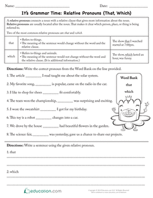 Its Grammar Time: Relative Pronouns (That, Which) | Worksheet ...