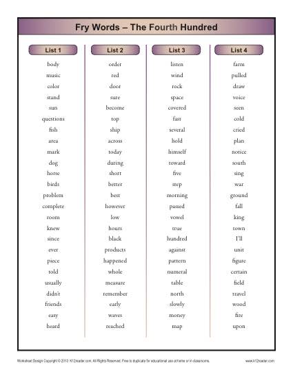 Fry Word List Fourth 100 | Printable Sight Word Lists