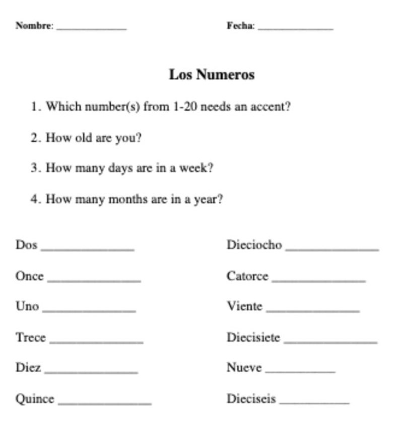 4th grade spanish worksheet