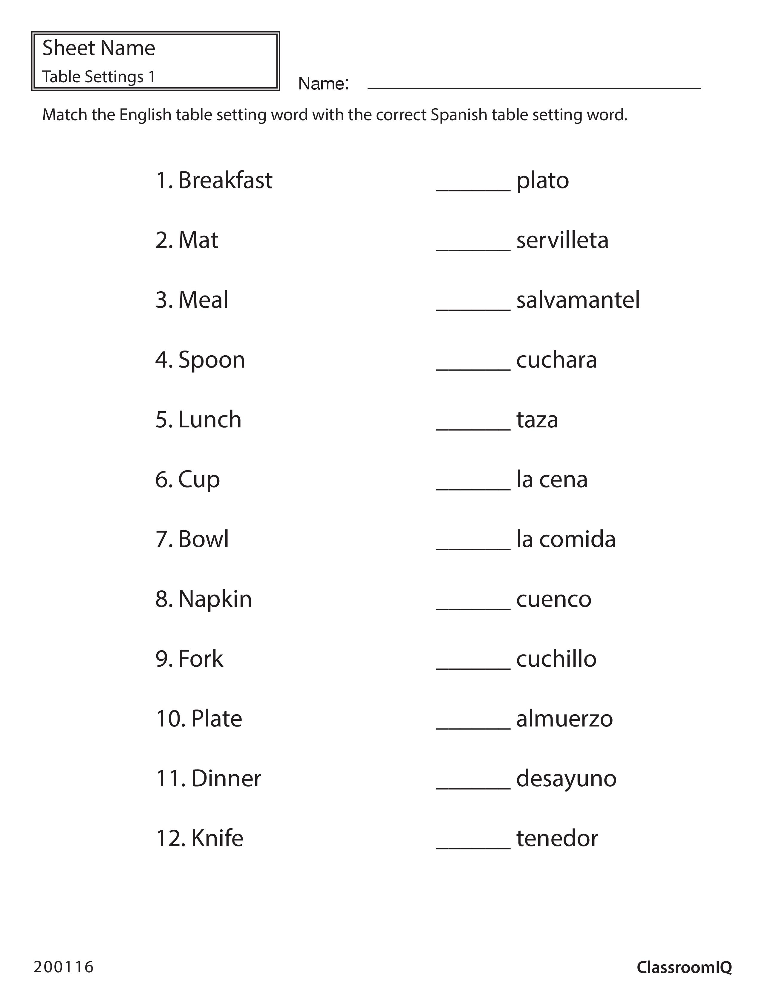 4th grade spanish worksheet